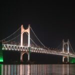Gwangan Bridge (광안대교) lit up at night over the sea at Gwangalli